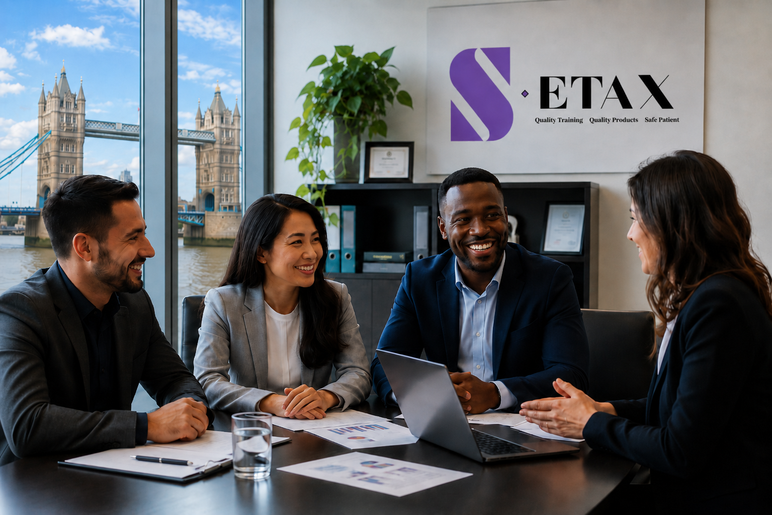 Setax team meeting with Tower Bridge visible through the window