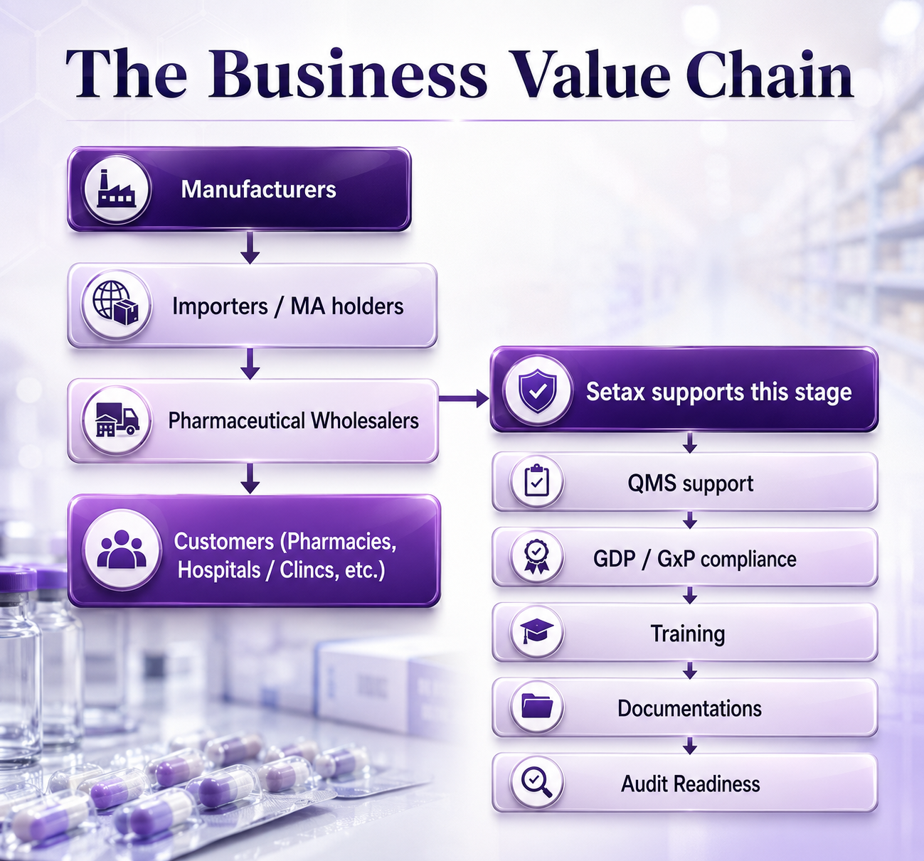Business value chain showing where Setax supports pharmaceutical wholesalers through QMS support, GDP and GxP compliance, training, documentation and audit readiness